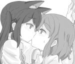  animal_ears blush cat_ears extra_ears eye_contact hirasawa_yui k-on! kiss kuzu_kow long_hair looking_at_another monochrome multiple_girls nakano_azusa short_hair simple_background white_background yuri 