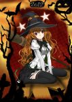  bat black_legwear broom halloween hat lemoo long_hair original pumpkin red_eyes red_hair redhead sitting skirt smile star thigh-highs thighhighs witch witch_hat 