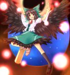  arm_cannon asymmetrical_clothes bow brown_hair hair_bow highres long_hair mismatched_footwear red_eyes reiuji_utsuho revision saemon_(tonpura) solo third_eye touhou weapon wings 