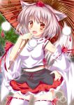  animal_ears blush brown_eyes detached_sleeves hat highres inubashiri_momiji long_sleeves looking_at_viewer midriff navel open_mouth oriental_umbrella revision rika-tan_(artist) shirt short_hair silver_hair skirt smile solo tail thigh-highs thighhighs tokin_hat touhou tree umbrella white_legwear wide_sleeves wolf_ears wolf_tail zettai_ryouiki 