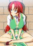  :t blue_eyes braid breasts china_dress chinese_clothes female hong_meiling large_breasts long_hair no_hat no_headwear pout red_hair redhead shoes sitting solo toudori touhou twin_braids 