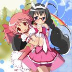  2girls akemi_homura bike_shorts black_hair blush bowtie choker cosplay cure_happy cure_happy_(cosplay) dress glasses haru_(nature_life) head_wings kaname_madoka long_hair magical_girl mahou_shoujo_madoka_magica multiple_girls pink_bike_shorts pink_dress pink_hair precure purple_eyes rainbow red-framed_glasses red_eyes short_hair short_twintails shorts_under_skirt shy skirt smile smile_precure! tiara twintails violet_eyes 