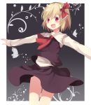  :d ascot blonde_hair blush butterfly hair_ribbon long_sleeves marotti open_mouth outstretched_arms red_eyes revision ribbon rumia shirt skirt skirt_set smile solo touhou vest 
