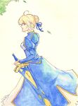  ahoge avalon_(fate/stay_night) blonde_hair dress excalibur fate/stay_night fate_(series) green_eyes hair_ribbon ribbon saber sheath sheathed solo sword traditional_media watercolor_(medium) weapon yaponne 
