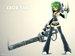  1girl camouflage copyright_request gauntlets green_hair gun highres hood mike_inel minigun personification red_eyes shorts weapon woodland_pattern xbox_360 