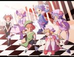  alternate_hair_length alternate_hairstyle ascot bandage bandages bare_shoulders bat_wings blonde_hair blue_eyes blue_hair book boots bow braid checkered checkered_floor crescent dress flandre_scarlet green_eyes hair_bow hat hat_ribbon head_wings highres hong_meiling izayoi_sakuya knife koakuma laevatein long_sleeves maid maid_headdress mimiru_(mimill) multiple_girls necktie open_mouth patchouli_knowledge purple_eyes purple_hair red_eyes red_hair redhead remilia_scarlet ribbon short_hair side_ponytail silver_hair skirt smile striped striped_legwear thigh-highs thighhighs touhou twin_braids violet_eyes white_legwear wings 