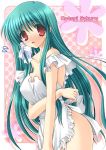  apron blush breasts green_hair izumi_makoto long_hair looking_at_viewer naked_apron original red_eyes solo very_long_hair 