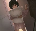  amagami baseball_bat black_hair brown_eyes highres light_switch lowres messy_hair nanasaki_ai nightgown no_pants official_art pillow pillow_hug reference_work see-through_silhouette short_hair shy solo 