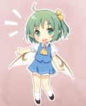  :d ahoge blush chibi daiyousei fairy_wings green_eyes green_hair hair_ribbon looking_at_viewer minigirl open_mouth outline outstretched_arm pointy_ears ribbon short_hair side_ponytail skirt smile solo touhou wings yamasan 
