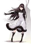  1girl agnes_oblige black_eyes black_gloves black_hair boots bravely_default:_flying_fairy dress elbow_gloves gloves hairband long_hair outstretched_arm rough saitom solo 