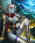  artist_request blue_eyes blue_skin breasts city dark_elf elf large_breasts moon night pointy_ears runes scarf short_hair silver_hair source_request sword torn_clothes weapon 