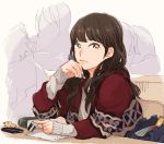  book brown_eyes brown_hair cellphone cellphone_strap chin_rest eraser long_hair mechanical_pencil original peg pencil phone solo sweater tombow_mono 