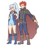  1girl blue_eyes blue_hair boots brown_eyes cape earrings gloves gym_leader hands_on_hips high_ponytail ibuki_(pokemon) jewelry knee_boots long_hair mo-mo pokemon pokemon_(game) pokemon_hgss red_hair redhead shoulder_pads spiked_hair spiky_hair wataru_(pokemon) 
