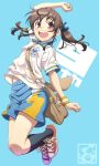  1girl aoi_sora_(pairan) bag brown_eyes brown_hair gym_shorts gym_uniform hair_ornament hairband hairclip highres jumping messenger_bag open_mouth pairan shoulder_bag solo twintails 