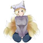  1girl alternate_costume bacho between_thighs blonde_hair blush breasts fox_tail large_breasts looking_at_viewer multiple_tails pants ribbed_sweater short_hair simple_background sitting slit_pupils smile solo sweater tail touhou turtleneck turtleneck_sweater white_background yakumo_ran 