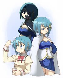  armband blood blue_eyes blue_hair cape cuts drink gloves hair_ornament hairclip hand_on_hip injury magical_girl mahou_shoujo_madoka_magica mahou_shoujo_madoka_magica_movie miki_sayaka multiple_persona school_uniform short_hair solo soul_gem straw vovovov 