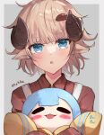  1girl animal_ears bangs blue_eyes blunt_bangs blush brown_hair brown_shirt collared_shirt curled_horns highres holding holding_stuffed_toy horizontal_pupils horns original parted_lips shirt shuuzo3 simple_background solo stuffed_toy thick_eyebrows upper_body 