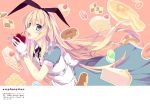  alice_(wonderland) alice_in_wonderland apple blonde_hair blue_eyes cake checkerboard_cookie cookie cover cover_page doughnut dress food fruit gloves hairband holding long_hair looking_at_viewer macaron ooba_kagerou pancake pie revision solo strawberry white_gloves 
