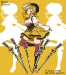  beret blonde_hair character_name drill_hair fingerless_gloves gloves gun hat highres kano magical_musket mahou_shoujo_madoka_magica puffy_sleeves revision rifle short_hair silhouette solo thigh-highs thighhighs title_drop tomoe_mami twintails weapon yellow_eyes 