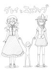  =_= ^_^ alien closed_eyes eyes_closed hand_holding hat holding_hands long_hair maribel_hearn mary_janes mikagami_hiyori monochrome multiple_girls open_mouth scowl shoes skirt smile touhou translation_request usami_renko 