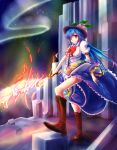 blue_hair boots cross-laced_footwear food fruit hat highres hinanawi_tenshi lace-up_boots long_hair mugen_soukyuu peach red_eyes revision skirt solo sword sword_of_hisou touhou weapon