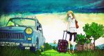 blonde_hair car flower glasses grass highres house light_smile long_hair motor_vehicle redjuice revision road_sign sandals sign sky solo star suitcase supercell trabant tree vehicle yellow_eyes 