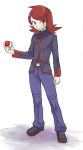  1boy brown_hair holding holding_poke_ball long_hair mo-mo pants poke_ball pokemon pokemon_(game) silver_(pokemon) solo standing 