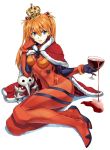  angel_(evangelion) blue_eyes breasts brown_hair cape crown cup holding long_hair looking_at_viewer neon_genesis_evangelion pinky_out plugsuit rebuild_of_evangelion red_wine runa sachiel shikinami_asuka_langley simple_background solo soryu_asuka_langley souryuu_asuka_langley spilling white_background wine_glass 