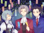  2boys black_hair blue_eyes blue_hair brown_eyes cravat formal gloves gyakuten_saiban jewelry karuma_mei mitsurugi_reiji multiple_boys nanami_nana naruhodou_ryuuichi necktie open_mouth short_hair suit tanabata translated translation_request 