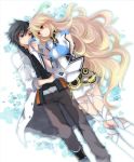  1girl ahoge belt black_hair blonde_hair brown_eyes coat couple gloves green_hair hand_holding holding_hands jude_mathis kawamura_raichi long_hair milla_maxwell multicolored_hair pants red_eyes shirt shoes skirt smile tales_of_(series) tales_of_xillia tales_of_xillia_2 two-tone_hair 