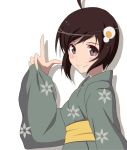  ahoge araragi_tsukihi black_eyes black_hair japanese_clothes kimono monogatari_(series) nisemonogatari pointing pointing_up short_hair solo takahirokun 