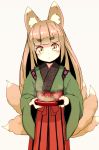  animal_ears blonde_hair blush fox_ears fox_tail japanese_clothes long_hair looking_at_viewer multiple_tails nosuku original simple_background solo tail tray yellow_eyes 