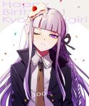  birthday braid cake dangan_ronpa food food_on_head harano kirigiri_kyouko long_hair necktie purple_eyes purple_hair single_braid solo violet_eyes wink 
