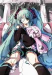  aqua_hair bandage bandages bondson detached_sleeves eyepatch green_eyes hatsune_miku long_hair sitting skirt solo stuffed_animal stuffed_toy tsumi_to_batsu_(vocaloid) twintails very_long_hair vocaloid 