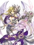  angel_wings arm_guards armor bare_shoulders breasts cleavage feathers green_hair headgear long_hair navel original parted_lips purple_eyes revision sanbasou solo staff very_long_hair violet_eyes wings 