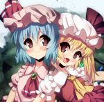  ascot bat_wings blonde_hair blue_hair blush brooch dress fang flandre_scarlet hat hat_ribbon jewelry looking_at_viewer multiple_girls open_mouth pink_dress puffy_sleeves red_dress red_eyes remilia_scarlet ribbon short_hair short_sleeves siblings side_ponytail sisters smile takashiru touhou wings 