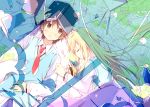  1girl animal blonde_hair blush book bookmark brown_eyes brown_hair cat closed_eyes eraser eyes_closed holding holding_book kanda_sorata kinoshita_neko long_hair lying manga_(object) necktie on_side open_book pencil sakura-sou_no_pet_na_kanojo school_uniform shiina_mashiro sleeping sunlight sweater_vest tie 