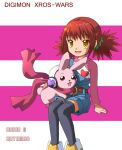  1girl animal belt boots bunches cutemon digimon digimon_xros_wars dungarees hair_tie hinomoto_akari imeri_fuzuki open_mouth red_hair redhead ribbon simple_background smile text thigh-highs thighhighs yellow_eyes 