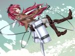  1girl boots bow crossover hair_bow long_hair mahou_shoujo_madoka_magica military military_uniform open_mouth red_eyes redhead sakura_kyouko shingeki_no_kyojin sword three-dimensional_maneuver_gear uniform weapon yuunagi_(x_aym_x) 