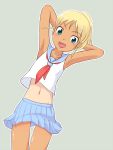  armpits arms_up blonde_hair blush copyright_request green_eyes monochrome navel open_mouth school_uniform serafuku short_hair simple_background skirt smile solo tan tomboo 