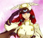  ant_(pepelo) blazblue blue_eyes breasts capelet hair_tubes hat head_wings large_breasts long_hair red_hair redhead salute smile solo third_eye tsubaki_yayoi uniform 