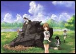  :d :o absurdres akiyama_yukari arm_up black_hair border brown_eyes brown_hair bucket caterpillar_tracks cloud clouds girls_und_panzer grass hairband highres holding isuzu_hana long_hair military military_vehicle mountain multiple_girls nishizumi_miho open_mouth panzerkampfwagen_iv reizei_mako running school_uniform screwdriver serafuku short_hair sitting skirt sky sleeves_rolled_up smile takebe_saori tank tree vehicle yinzhai 