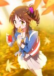  autumn_leaves blurry blush bracelet brown_eyes brown_hair camera depth_of_field drill_hair gochou_(comedia80) hair_ornament holding idolmaster jewelry leaf looking_at_viewer necklace open_mouth payot revision school_uniform solo striped takamori_aiko 