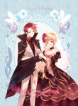  blonde_hair bouquet butterfly cape dress flower formal hanokage highres jewelry necktie red_hair redhead revision ring suit umineko_no_naku_koro_ni ushiromiya_battler wedding_band wedding_ring 