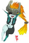  artist_request blush closed_eyes eyes_closed fang hands_on_own_face helmet highres imp long_hair midna neon_trim one_eye_covered orange_hair pointy_ears solo the_legend_of_zelda twilight_princess wide_hips 