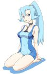  barefoot blue_eyes blue_hair earrings gym_leader high_ponytail ibuki_(pokemon) jewelry long_hair lowres mo-mo pokemon pokemon_(game) pokemon_hgss seiza sitting solo 