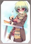  :t alternate_costume bespectacled border contemporary glasses green_hair kazami_yuuka kettle kusano_(torisukerabasu) looking_at_viewer plaid plaid_scarf red_eyes scarf short_hair solo table touhou translated translation_request 