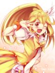  ;d blonde_hair blush bow cure_peace dress fukai_ryousuke hair_ornament highres kise_yayoi long_hair magical_girl open_mouth ponytail precure simple_background smile smile_precure! solo v white_background wink yellow_eyes 