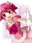  :d alternate_costume blush dress elbow_gloves gloves happy hoshizora_miyuki open_mouth outstretched_hand pearl_necklace pink_dress pink_eyes pink_hair precure puffy_sleeves r-king short_hair short_twintails smile smile_precure! solo twintails 