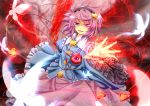  absurdres archienemy butterfly eyeball glowing glowing_eye heart highres komeiji_satori magic_circle open_mouth outstretched_hand purple_eyes purple_hair revision short_hair skirt smile solo touhou violet_eyes 